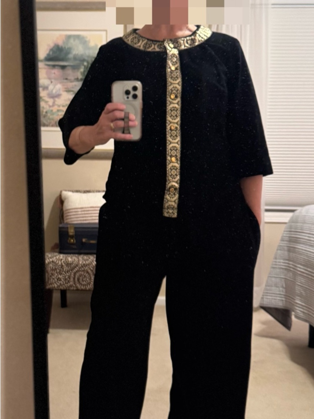 Vintage Dela-Ann lounge wear jumpsuit with Gold embellished collar